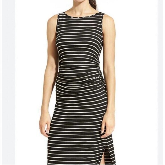 Athleta Dresses & Skirts - Athleta Comeback Tank Midi Dress Ruched Sleeveless Striped Black Beige SZ SMALL